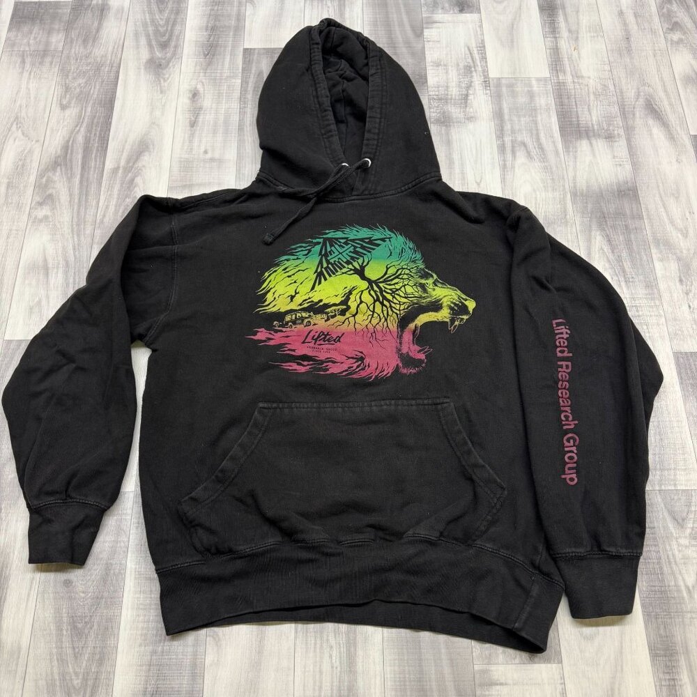 ✅Mens L Lifted Research Group LRG Rasta Lifted Edition Black Hoodie Roaring Lion